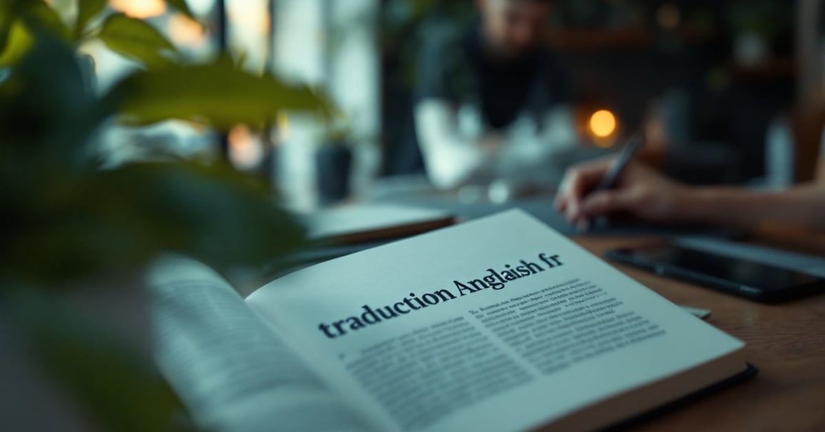 Traduction anglais français sur un bureau moderne avec dictionnaire et ordinateur ouvert
