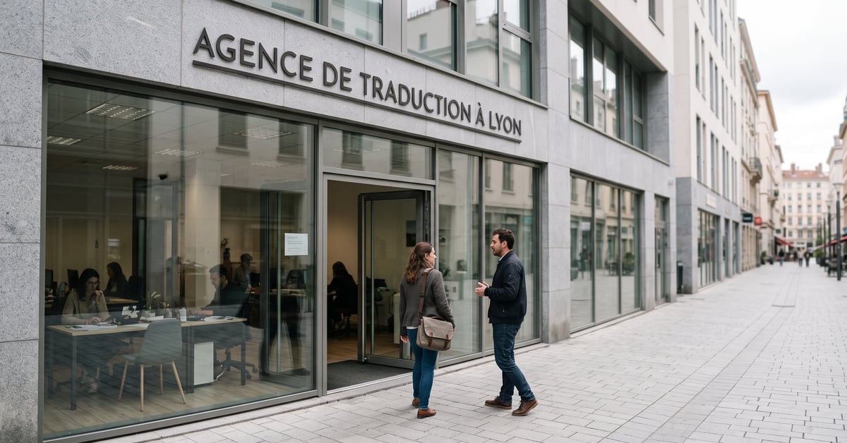 Agence de traduction à Lyon – bureau professionnel avec documents multilingues et traducteurs au travail