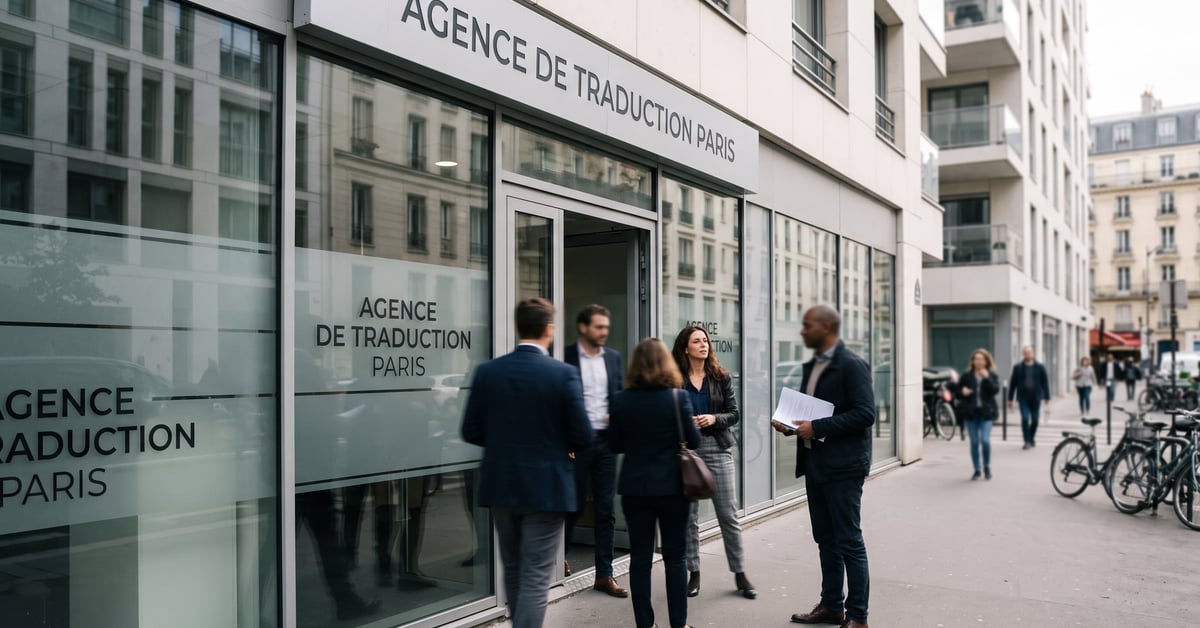 Agence de traduction Paris – bureau professionnel avec traducteurs au travail dans un cadre moderne