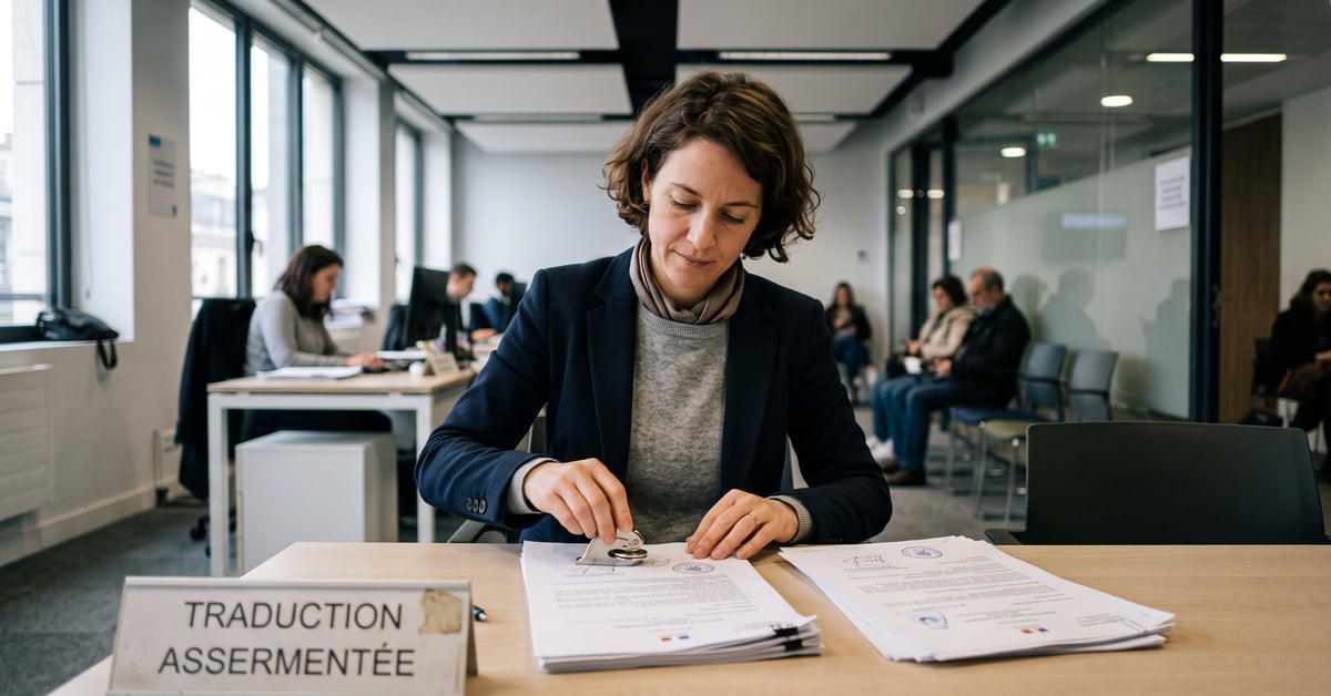 Traduction assermentée : document officiel et tampon de traducteur assermenté sur un bureau professionnel