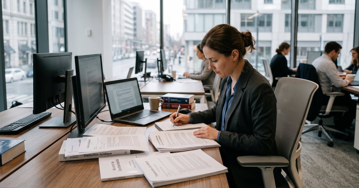 Documents juridiques et contrat ouvert sur un bureau, représentant la traduction juridique professionnelle