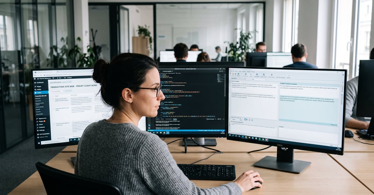 Traduction site web professionnelle : texte multilingue sur écran d'ordinateur moderne