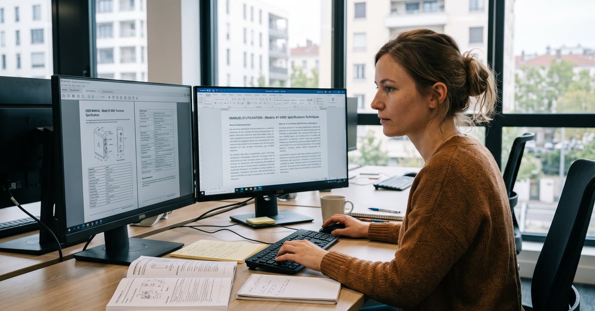 Traduction technique anglais-français : documents bilingues sur un bureau professionnel moderne