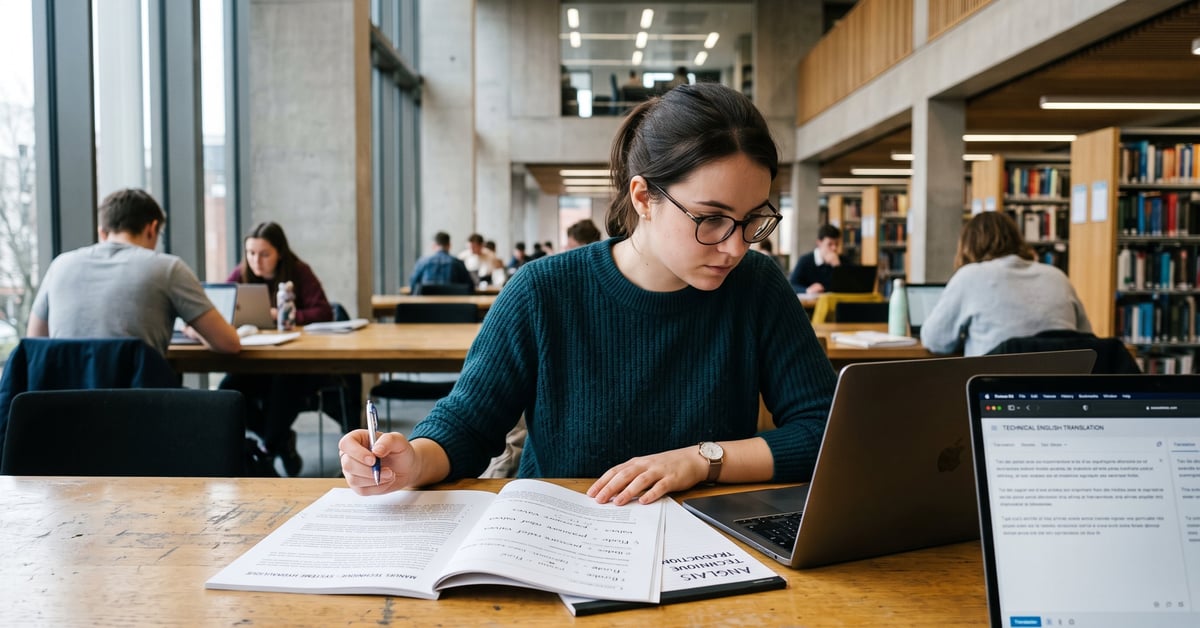 Traduction d'un document en anglais technique avec dictionnaire spécialisé sur un bureau professionnel